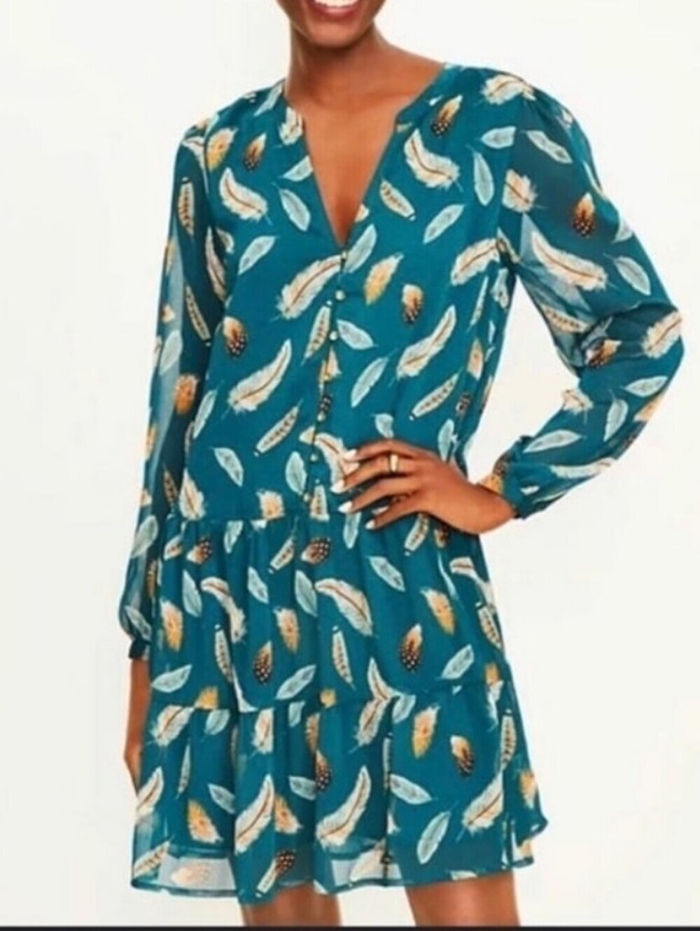 LOFT Teal Feather-Print Tiered V-Neck Mini Dress...Size:MP